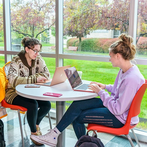 Two female students studying at a table on laptops